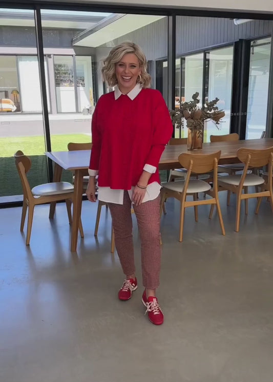 Bengaline Stretch Slim Leg Pant in Red Check