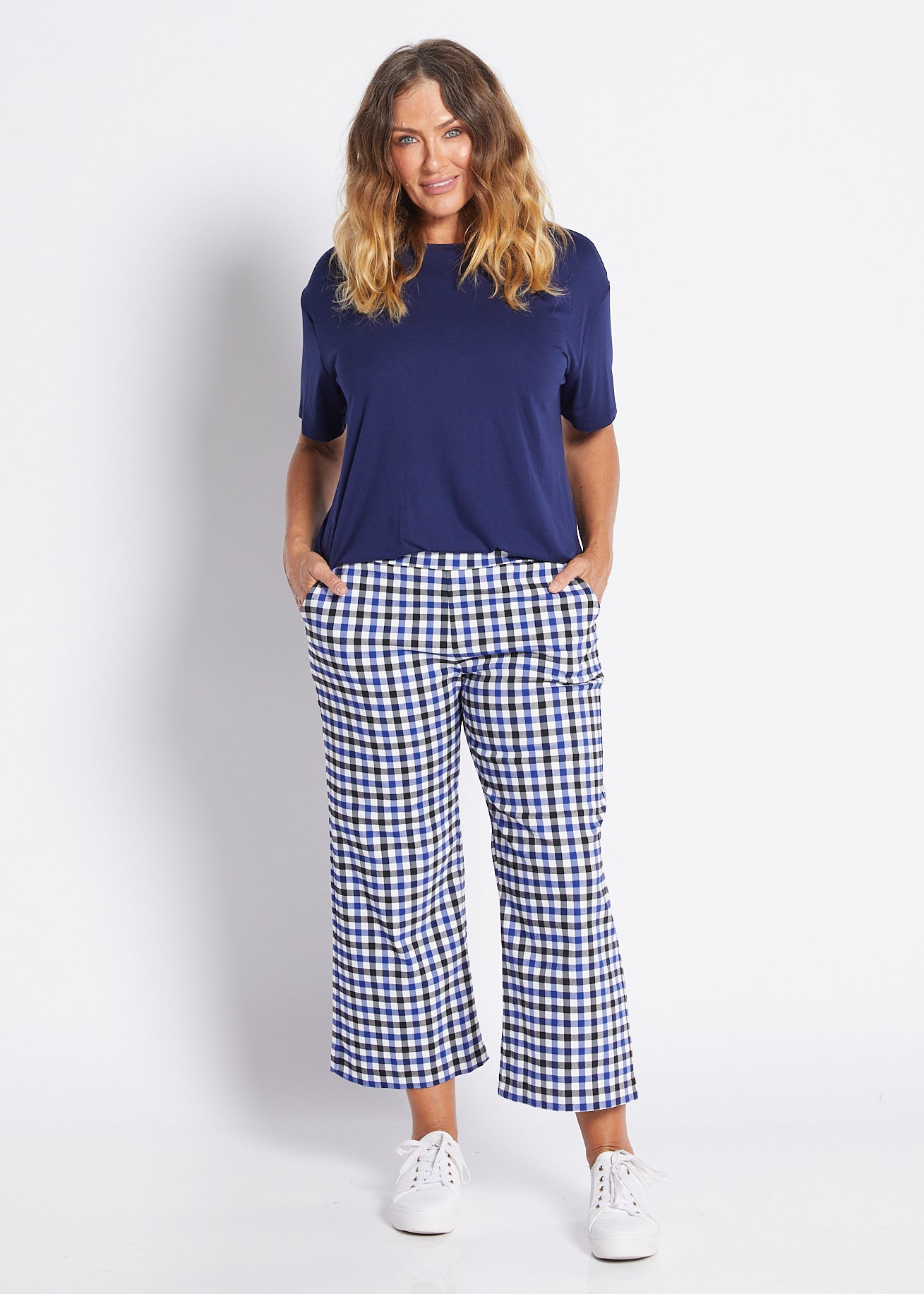 Bengaline Stretch Culotte with Pockets in Blue Check