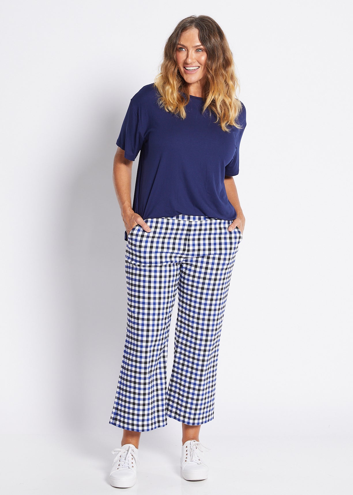 Bengaline Stretch Culotte with Pockets in Blue Check