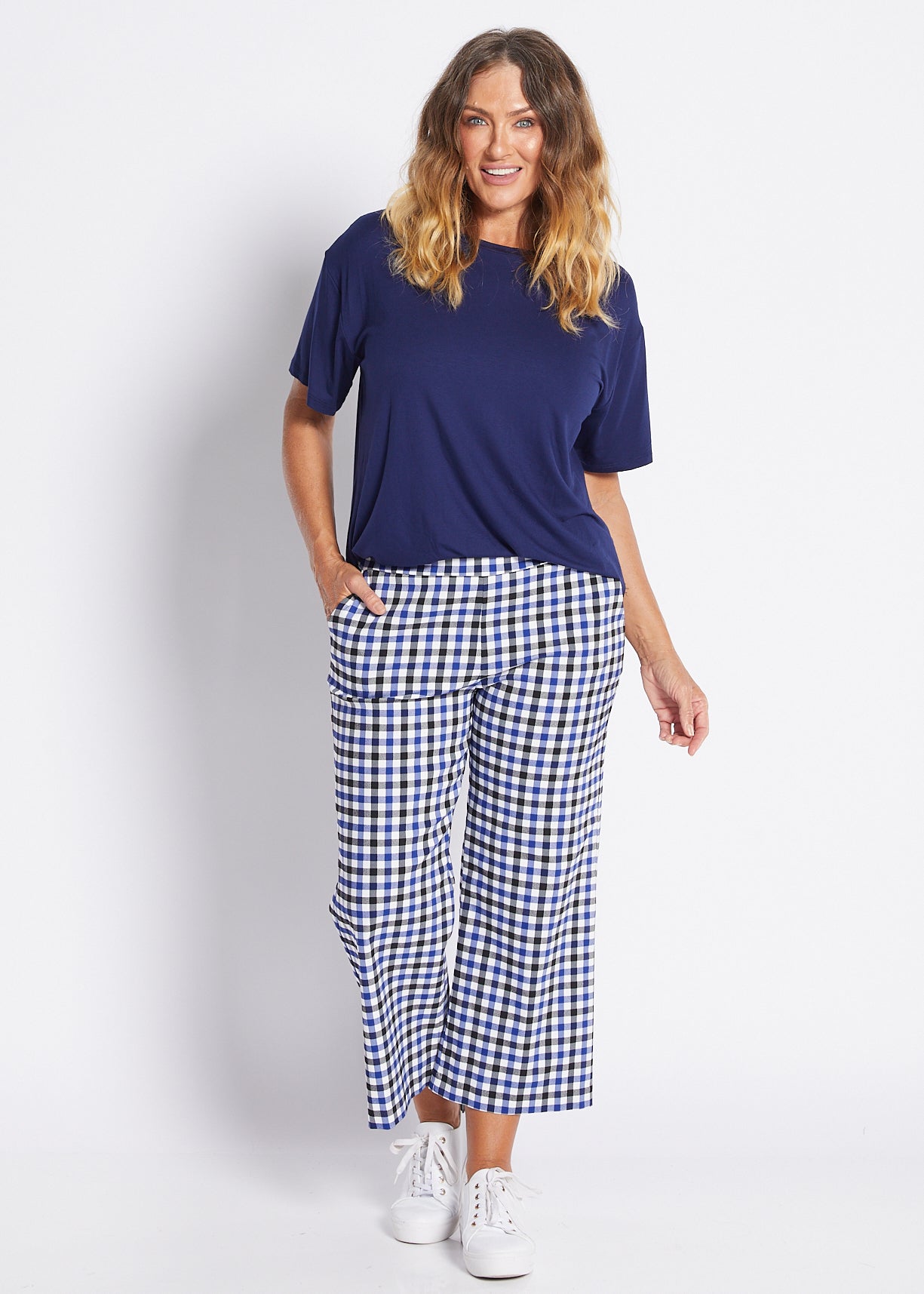 Bengaline Stretch Culotte with Pockets in Blue Check