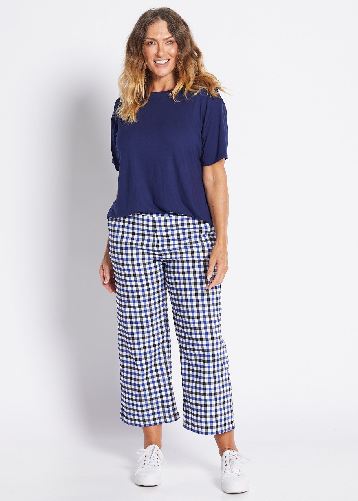 Bengaline Stretch Culotte with Pockets in Blue Check