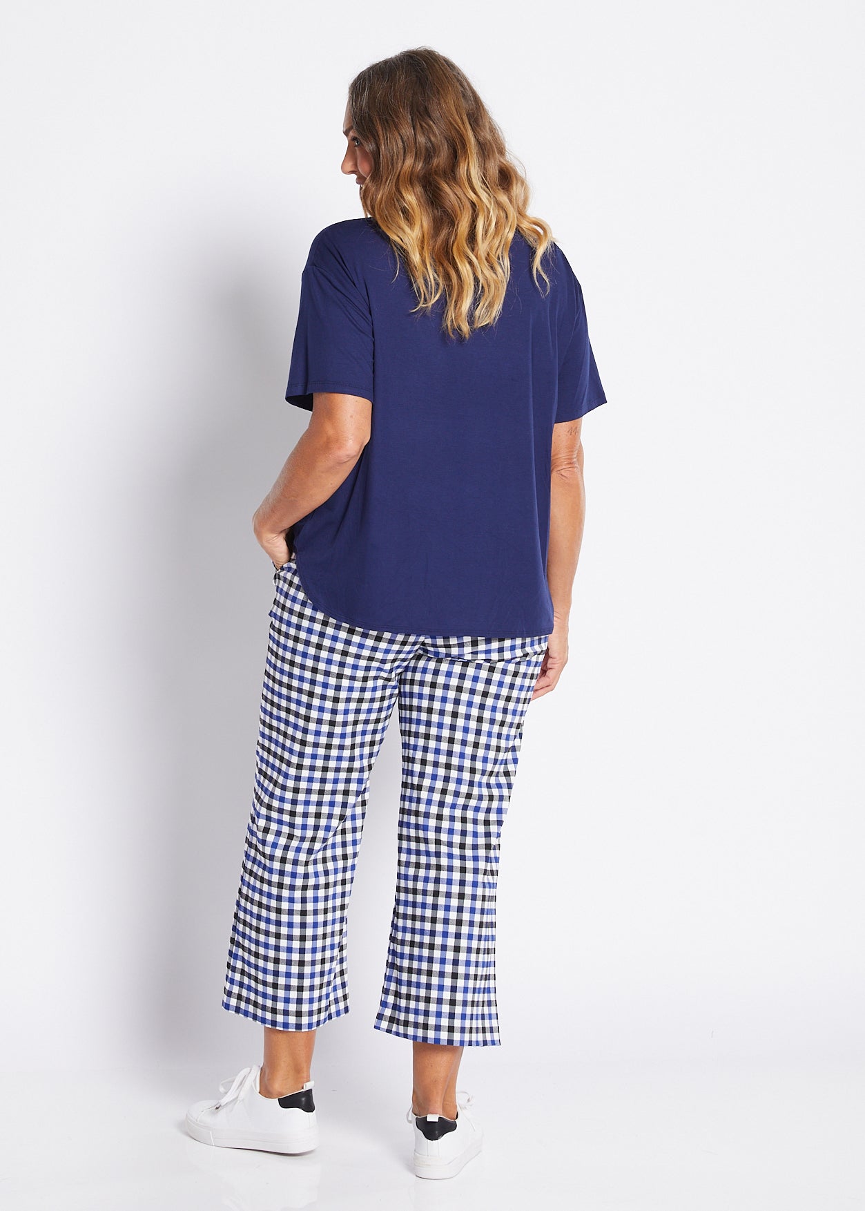 Bengaline Stretch Culotte with Pockets in Blue Check