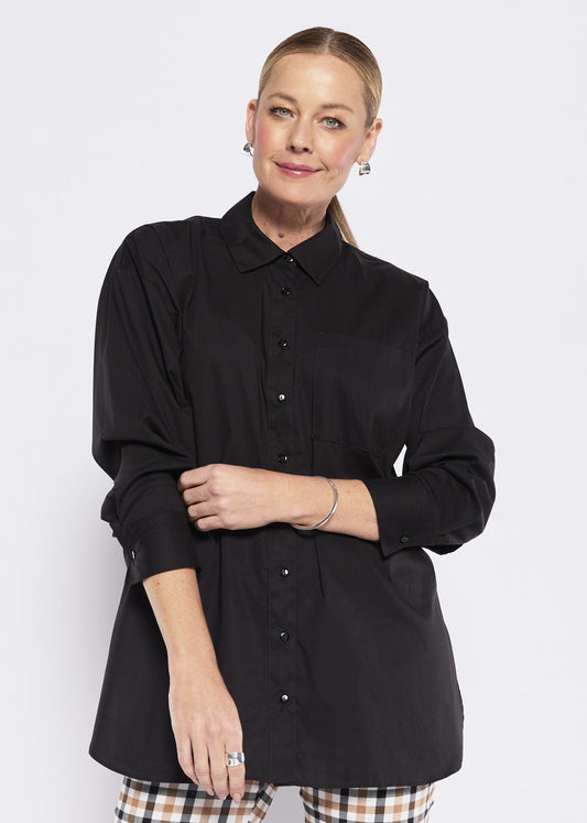 Jojo City stretch cotton oversized boyfriend shirt in black