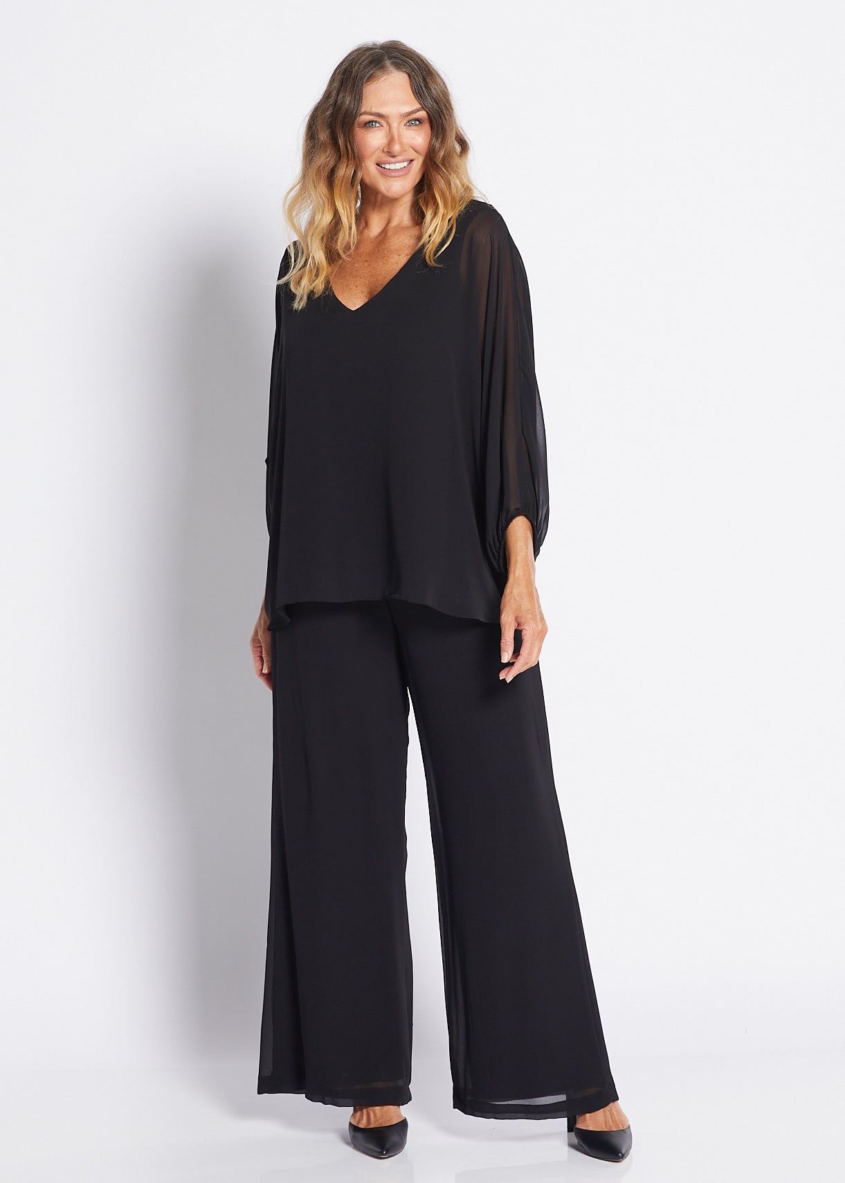 Chiffon and Jersey Lined Wide Leg Pants in Black