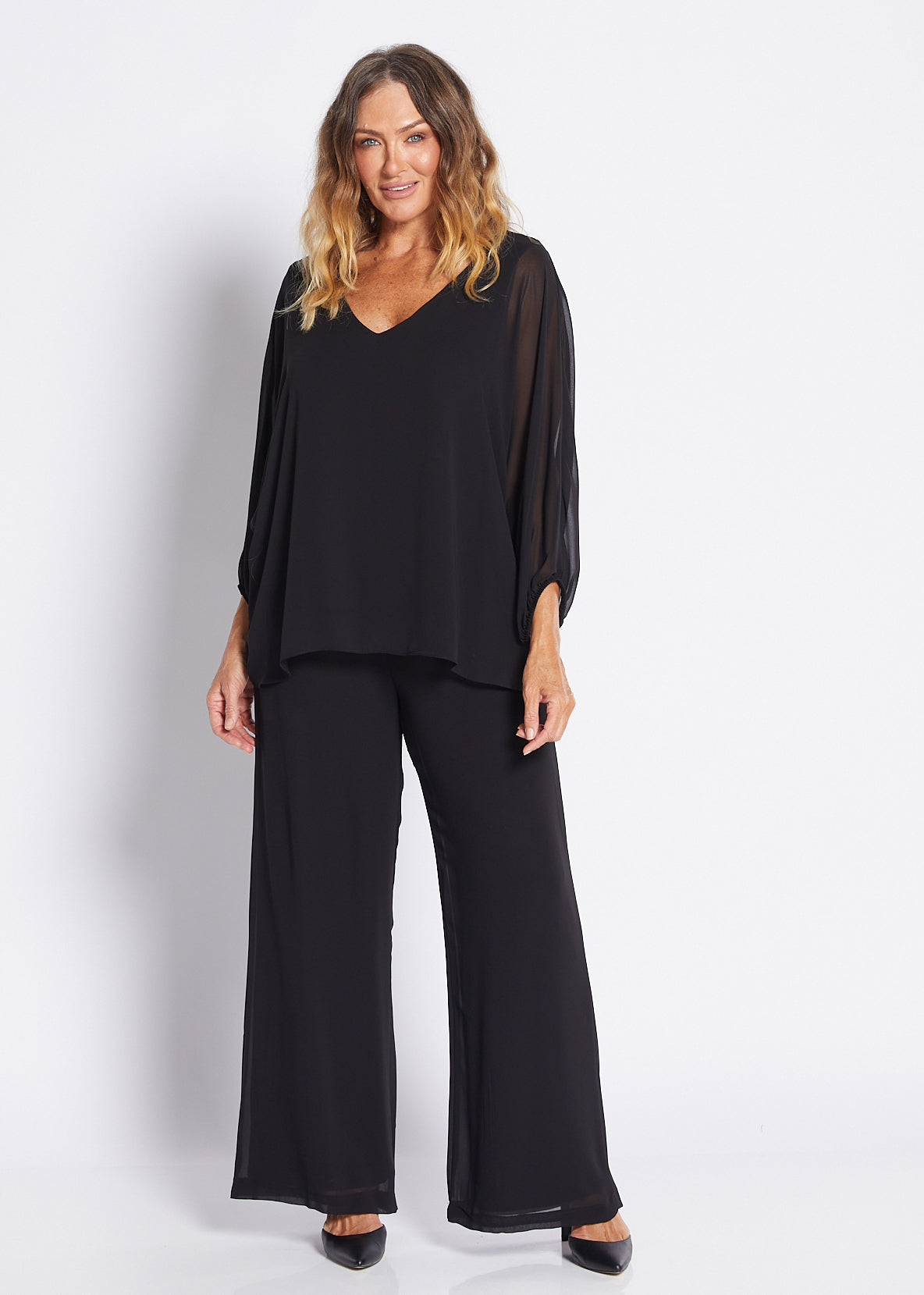 Chiffon and Jersey Lined Wide Leg Pants in Black