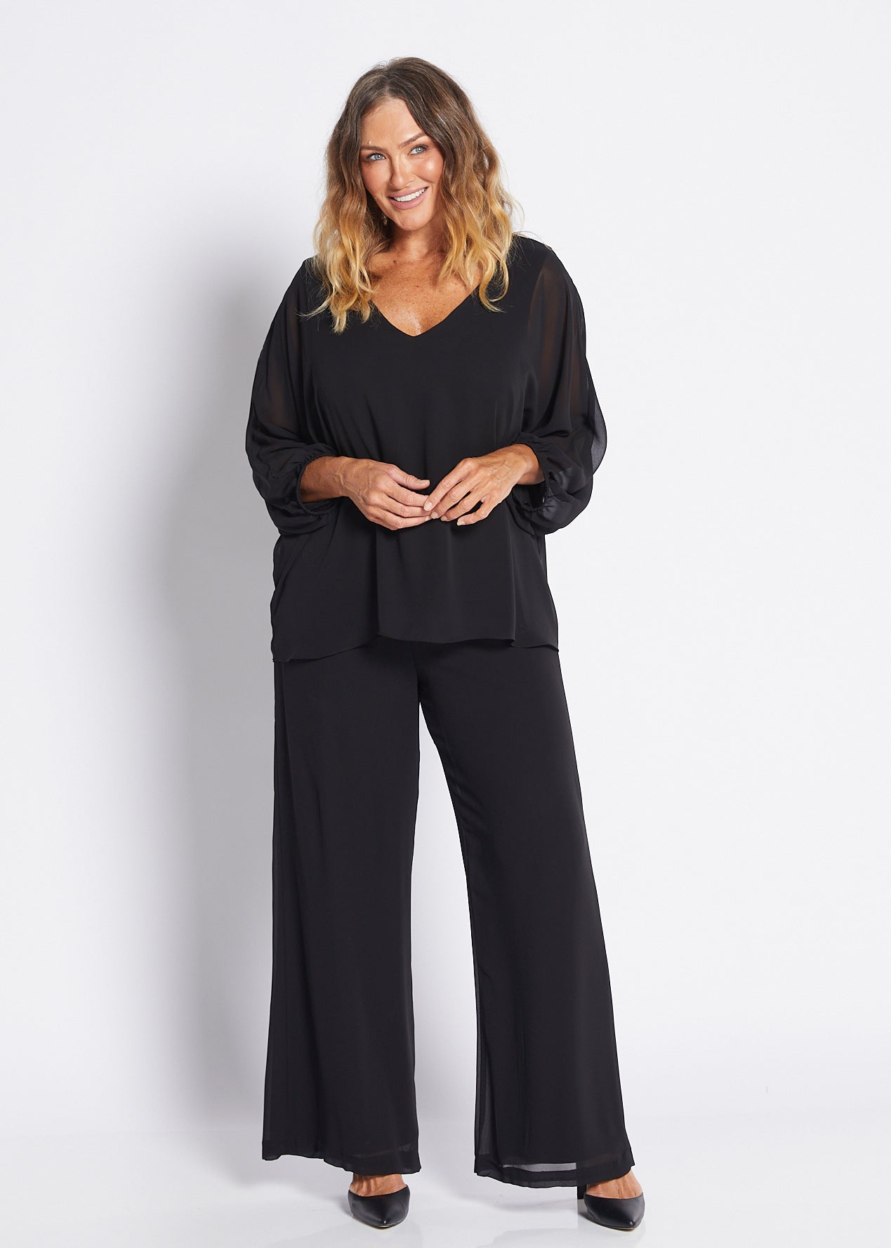 Chiffon and Jersey Lined Wide Leg Pants in Black