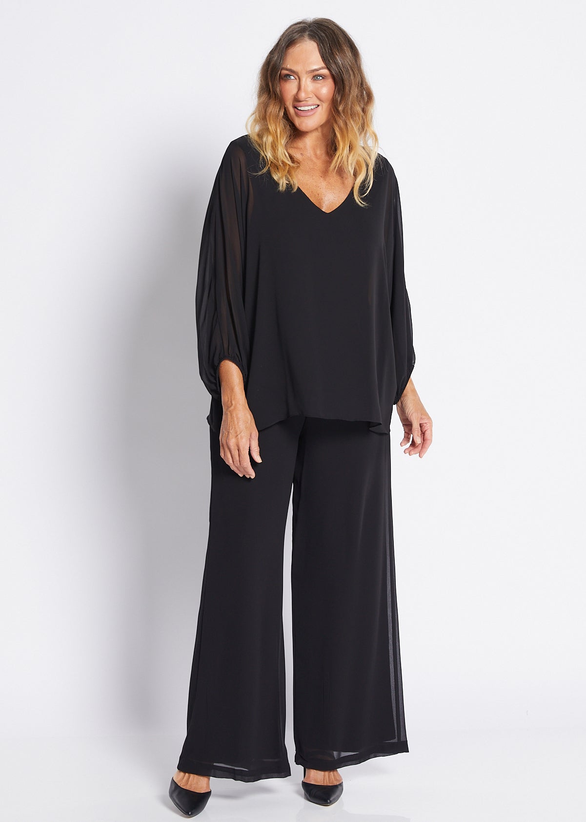 Chiffon and Jersey Lined Wide Leg Pants in Black