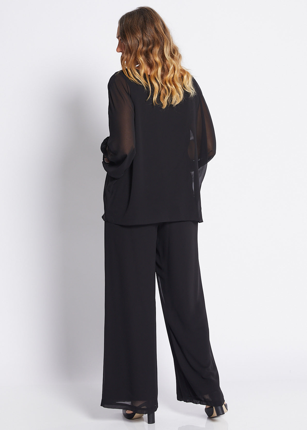 Chiffon and Jersey Lined Wide Leg Pants in Black