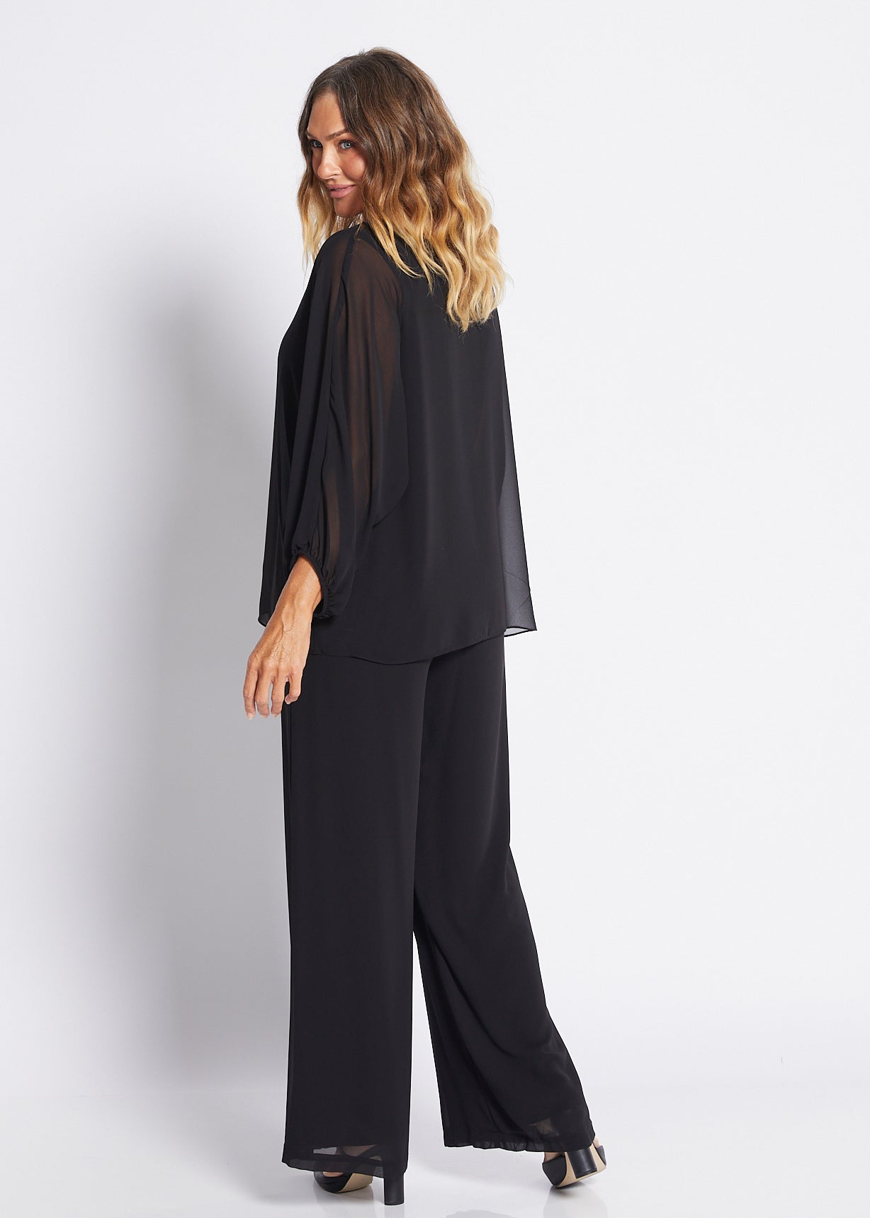 Chiffon and Jersey Lined Wide Leg Pants in Black