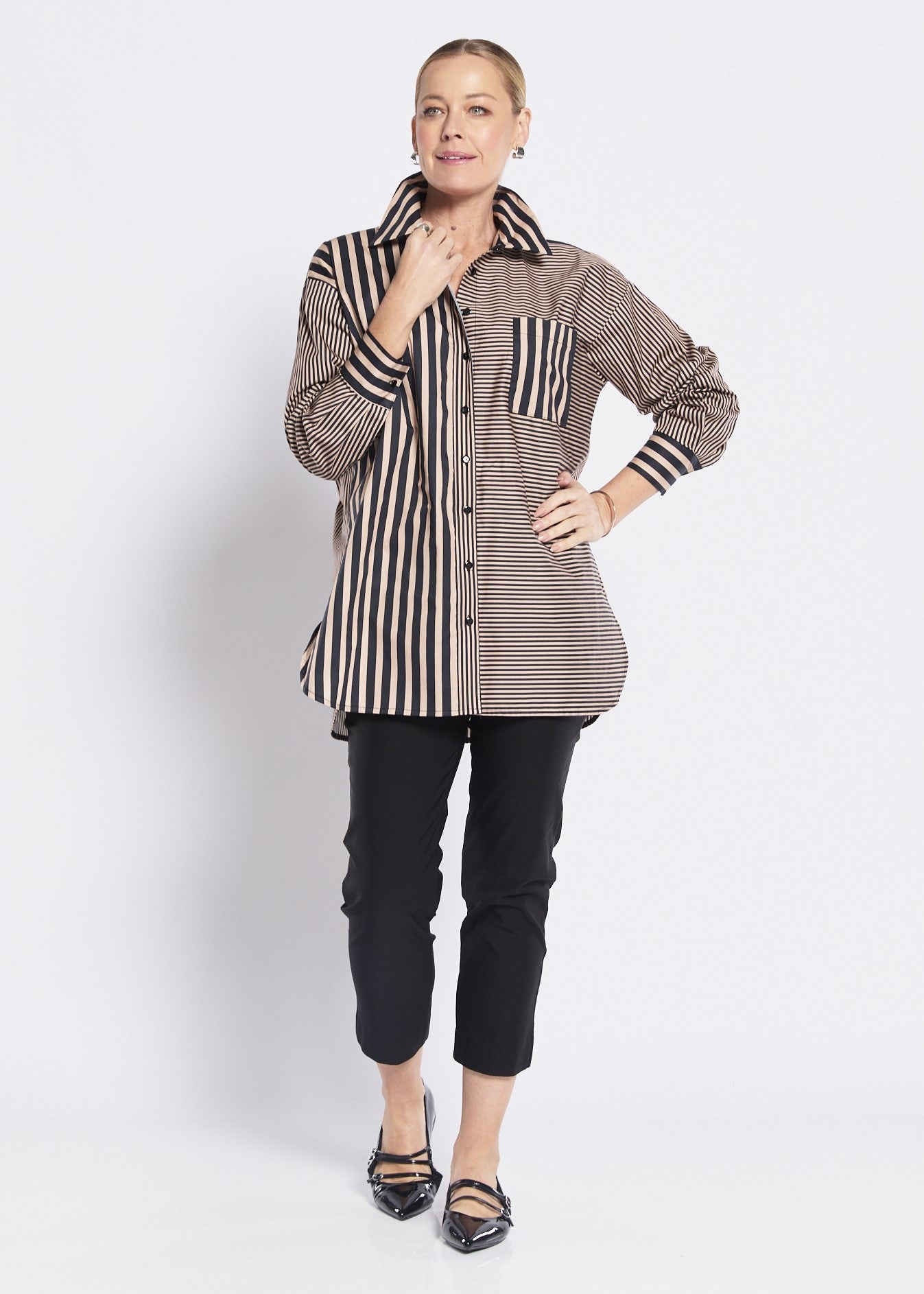 Cotton Collared Shirt in Brown Black Stripes