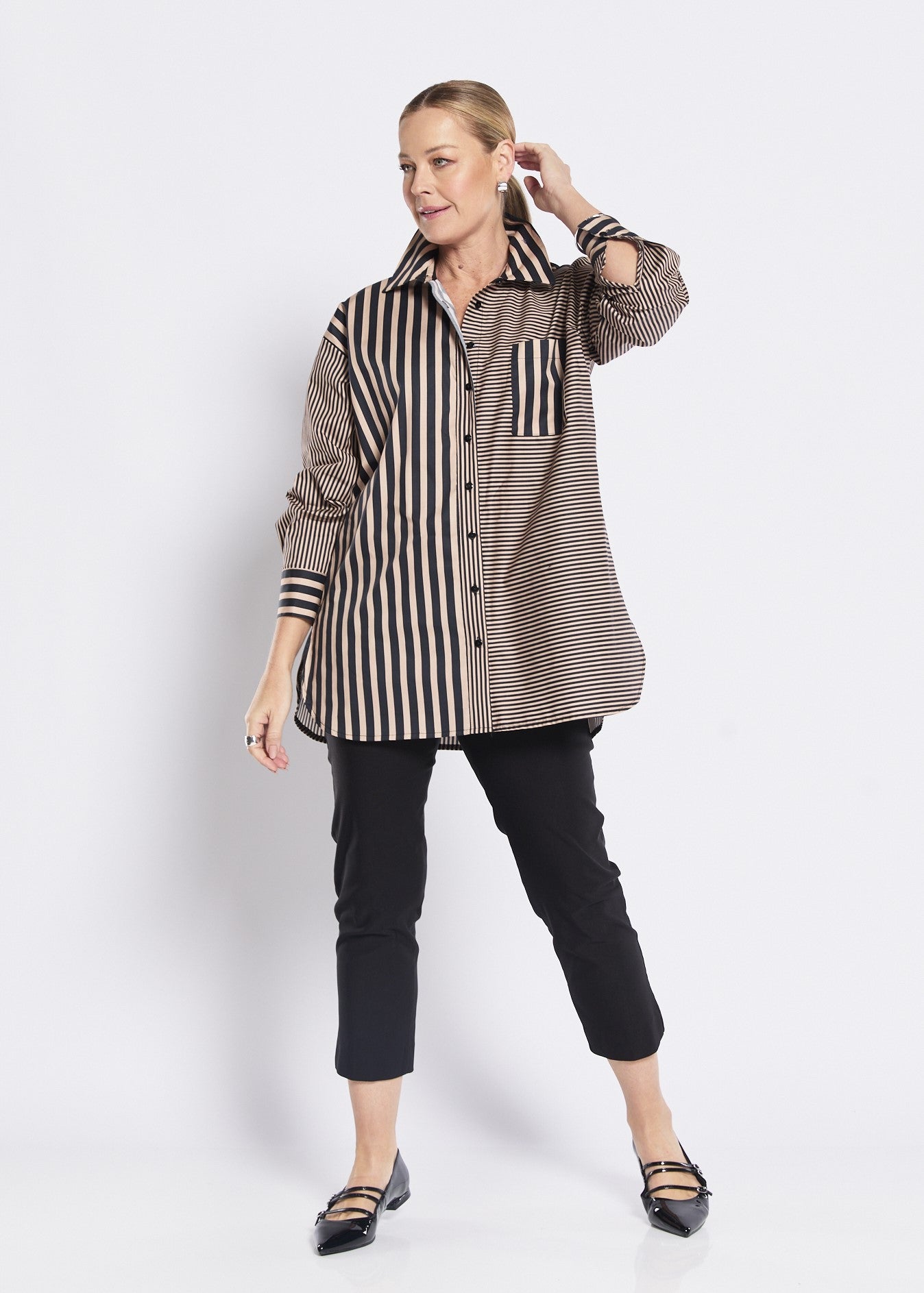 Cotton Collared Shirt in Brown Black Stripes