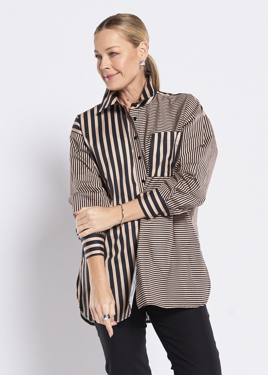 Cotton Collared Shirt in Brown Black Stripes
