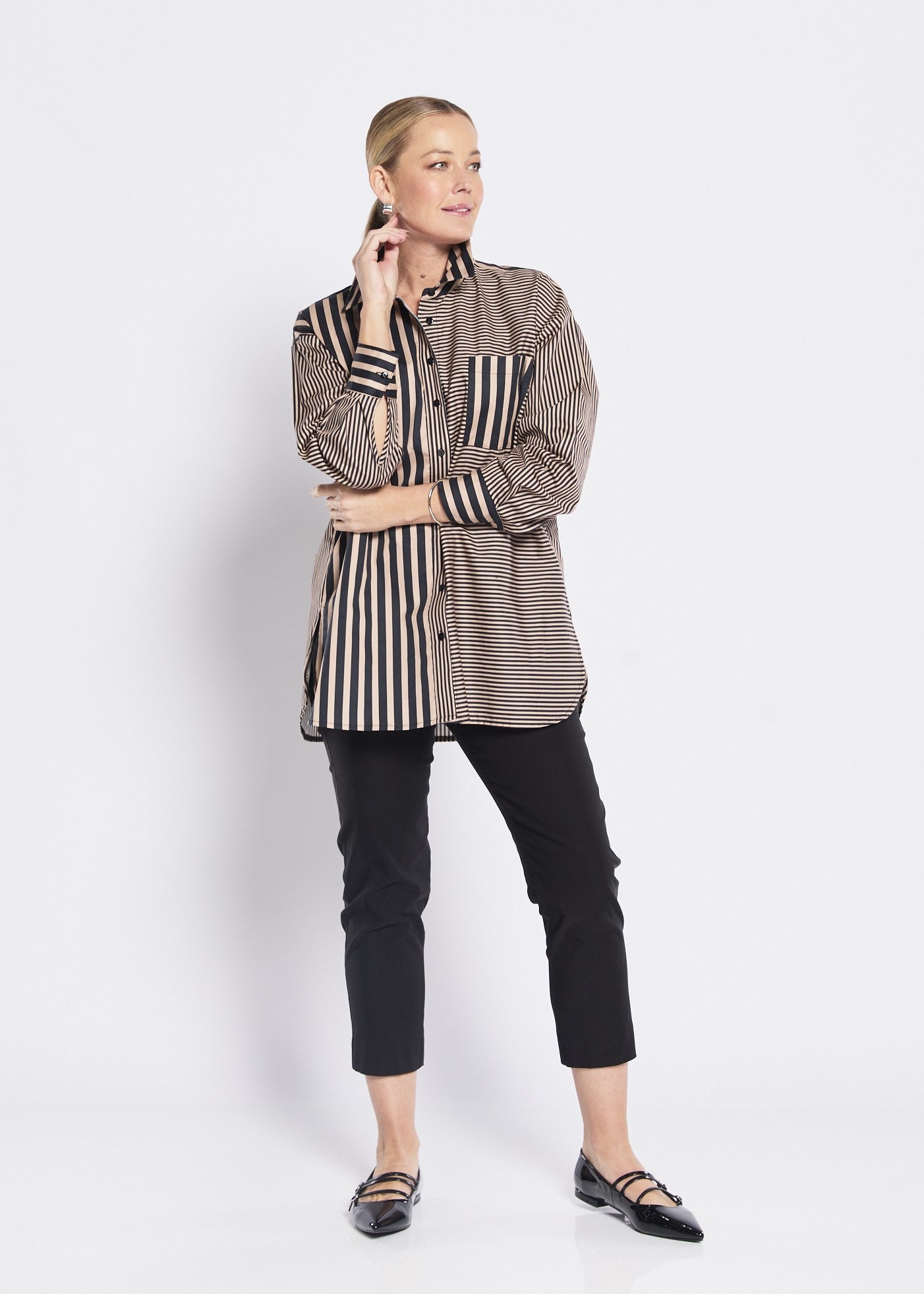 Cotton Collared Shirt in Brown Black Stripes