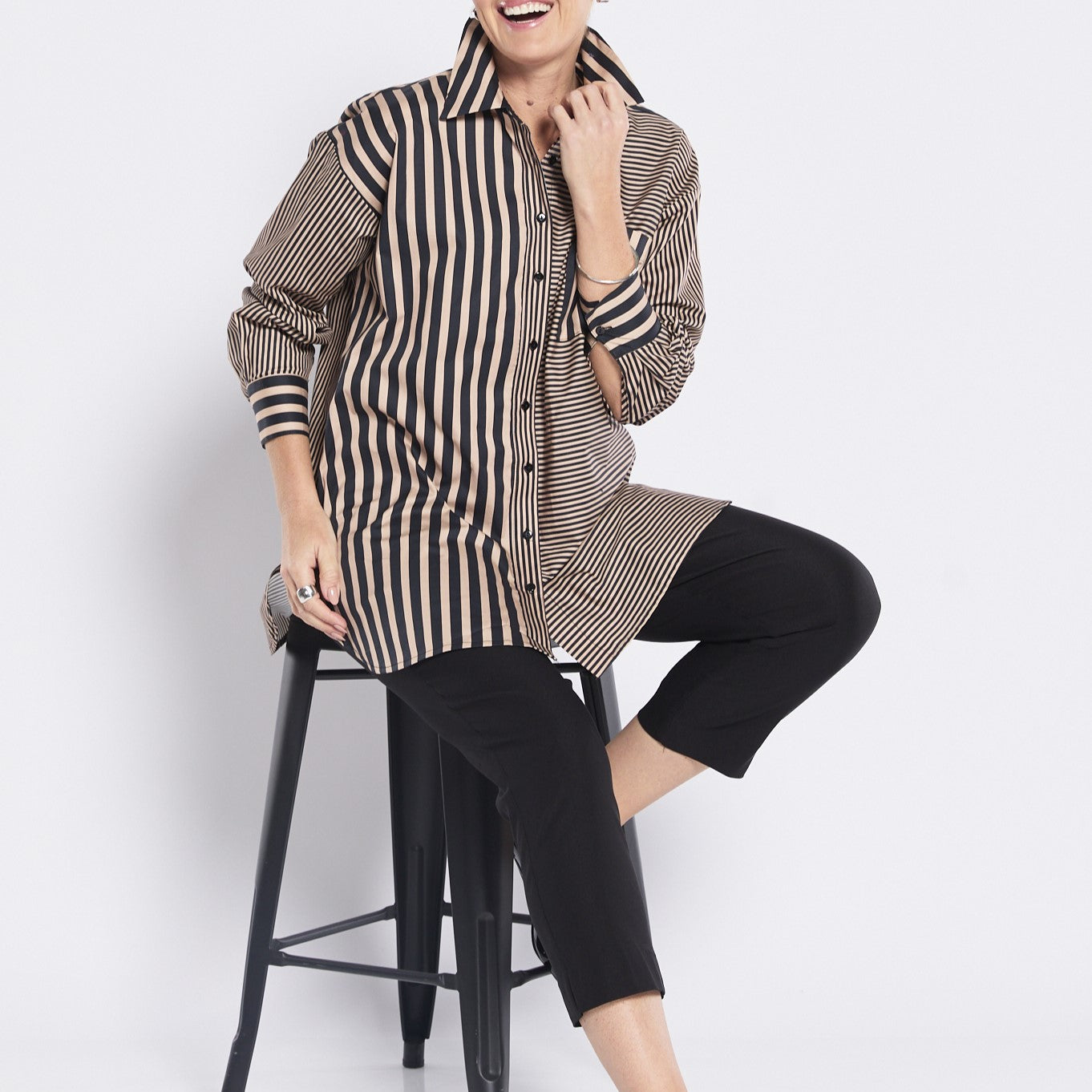 Cotton Collared Shirt in Brown Black Stripes