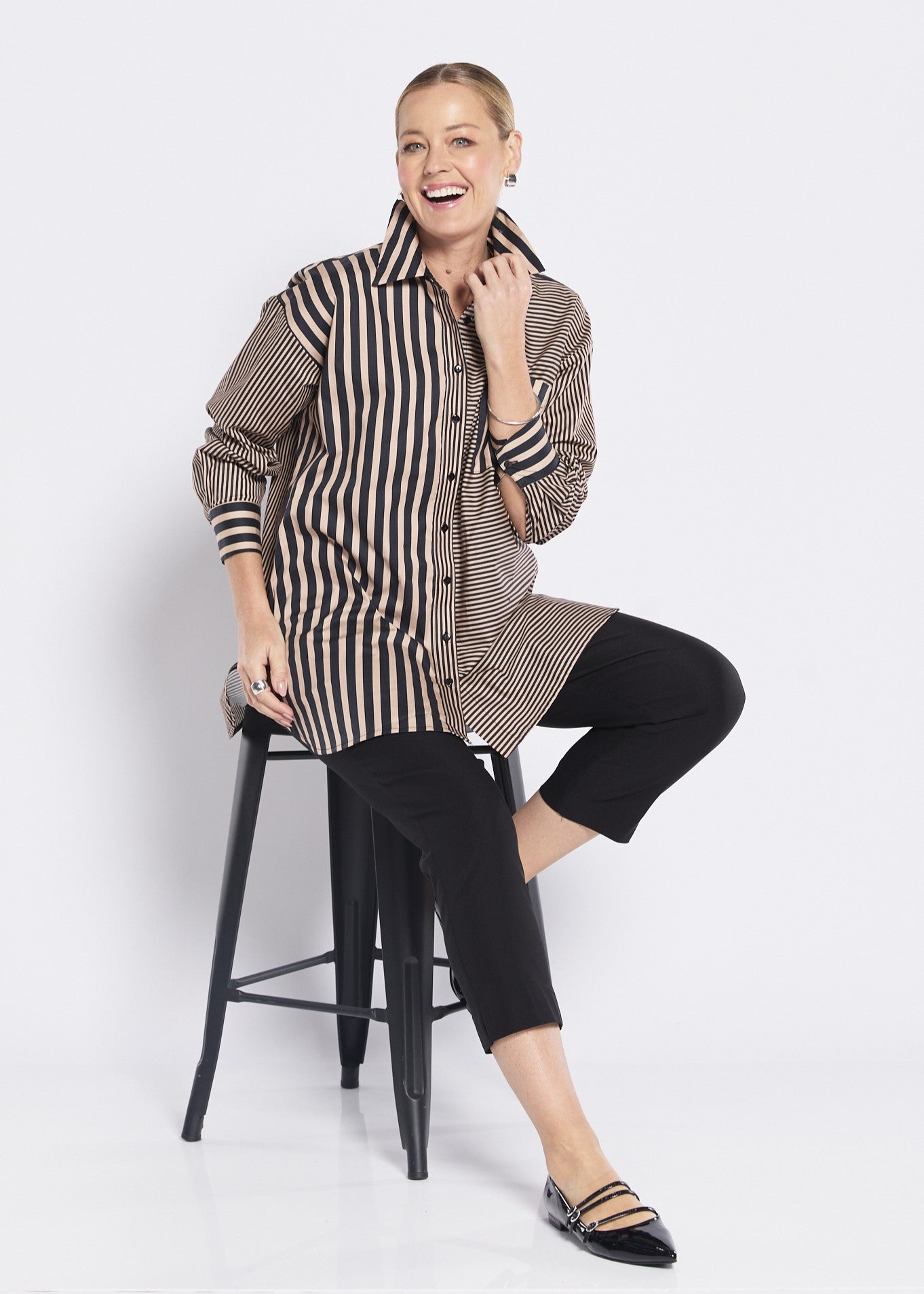 Cotton Collared Shirt in Brown Black Stripes