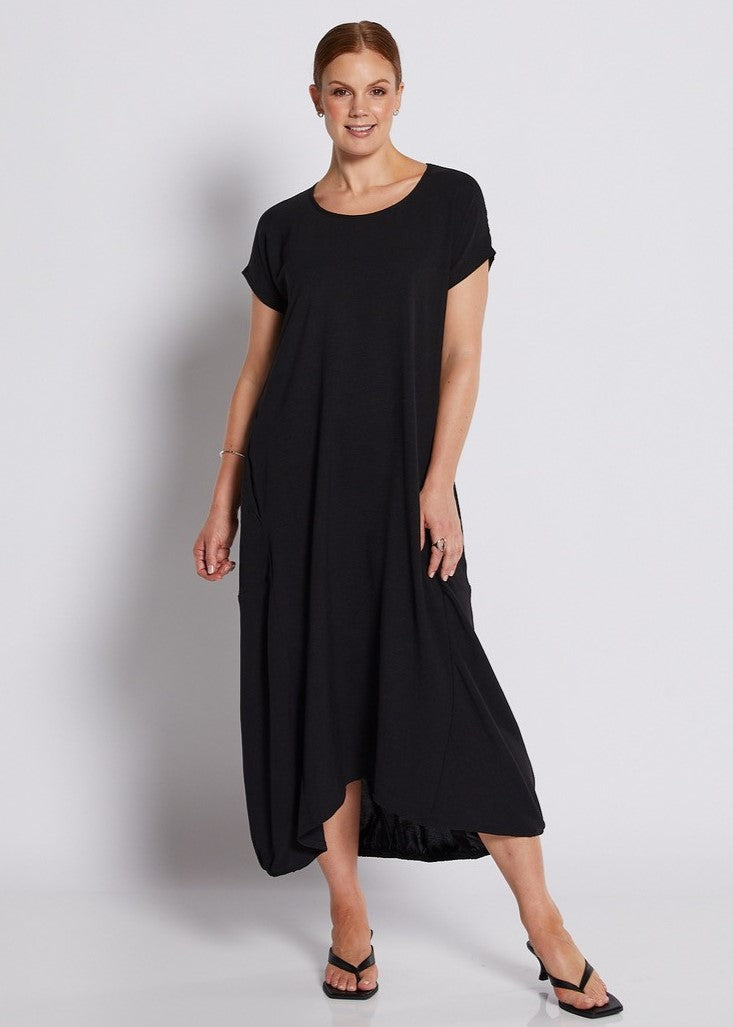 Crepe Relaxed Short Sleeve Midi Dress in Black