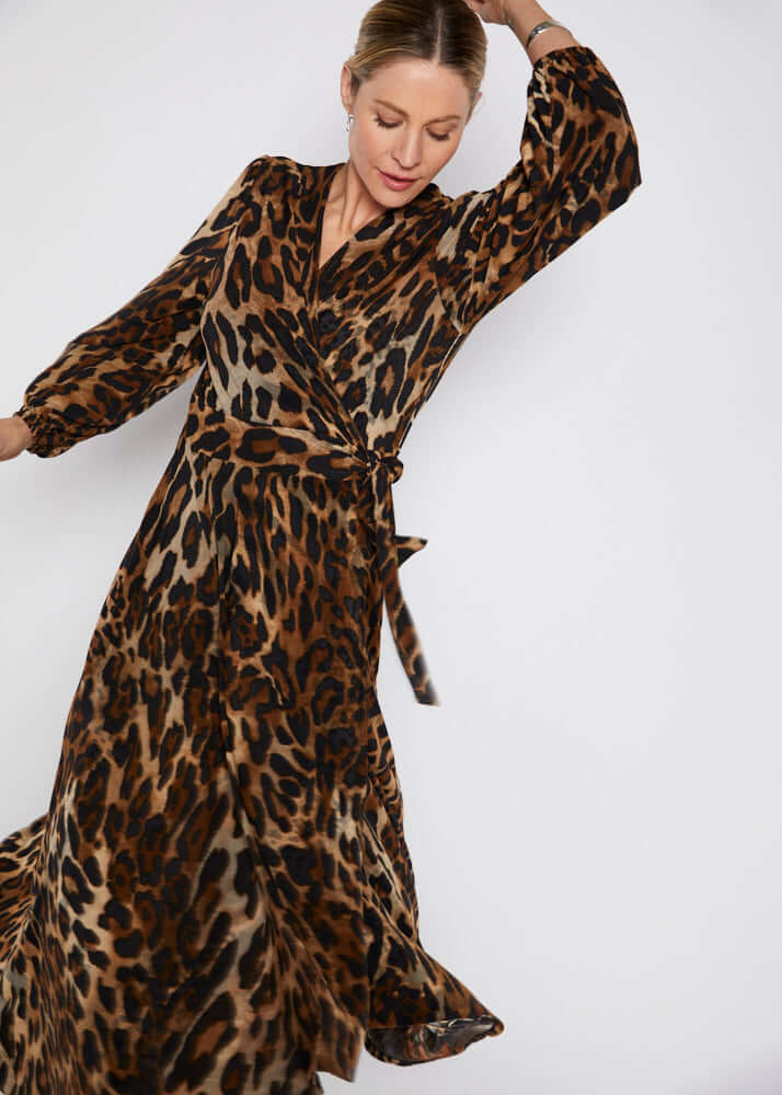 Philosophy Australia Sugar jersey maxi wrap dress in Soprano animal print, made in Australia