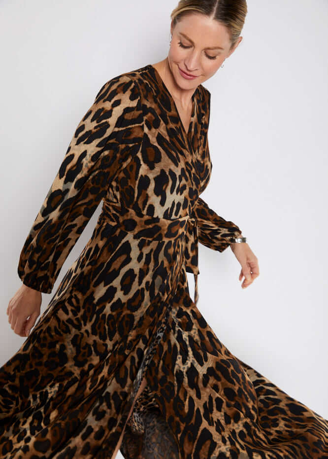 Philosophy Australia Sugar jersey maxi wrap dress in Soprano animal print, made in Australia