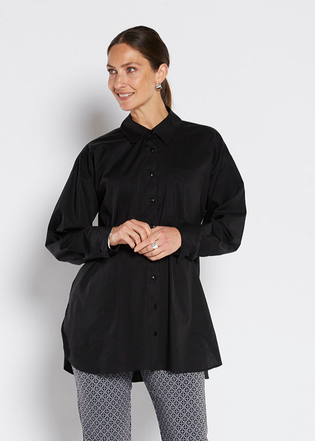 Jojo City stretch cotton oversized boyfriend shirt in black