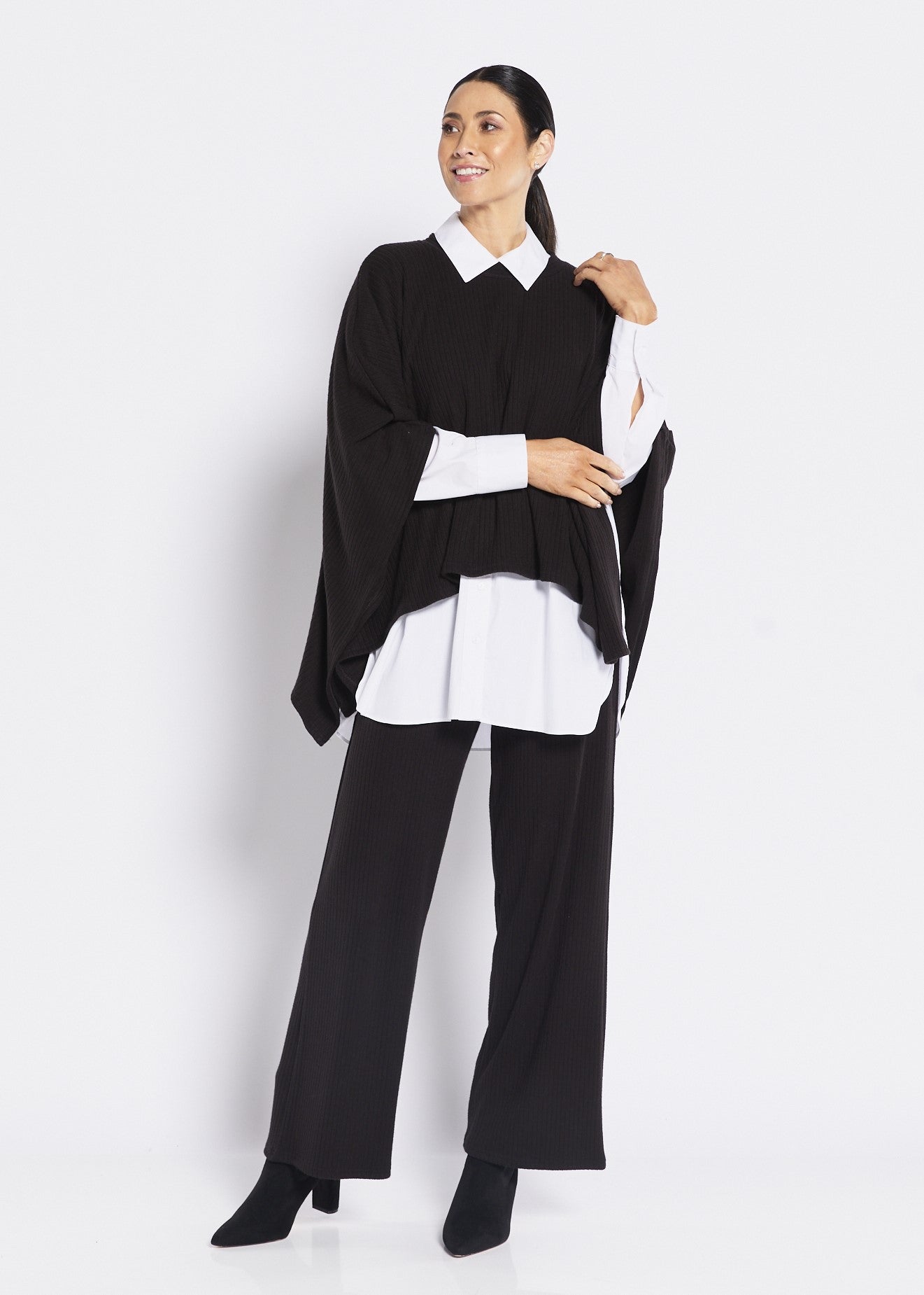 Rib Knit Poncho in Black