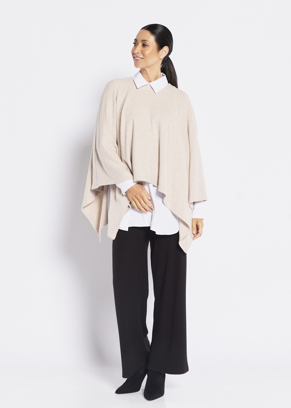 Rib Knit Poncho in Neutral Oatmeal
