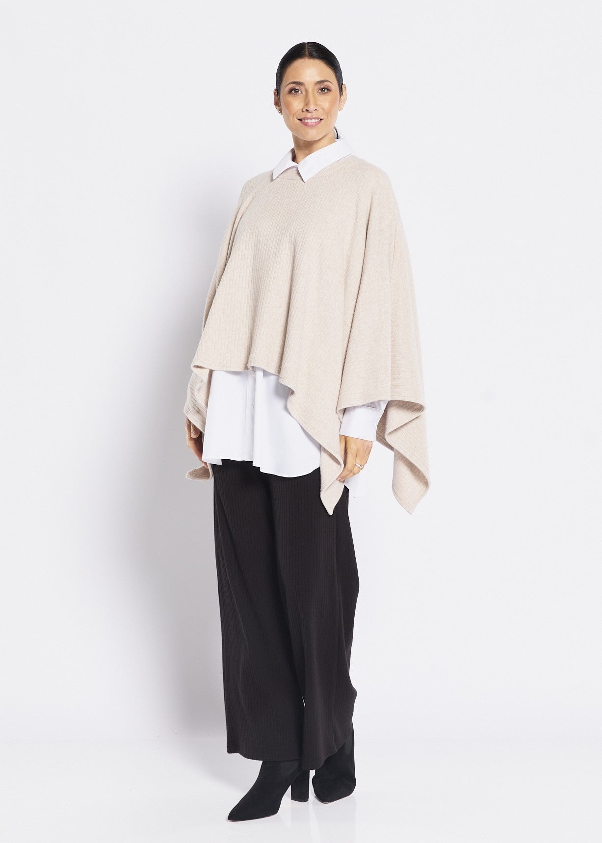 Rib Knit Poncho in Neutral Oatmeal