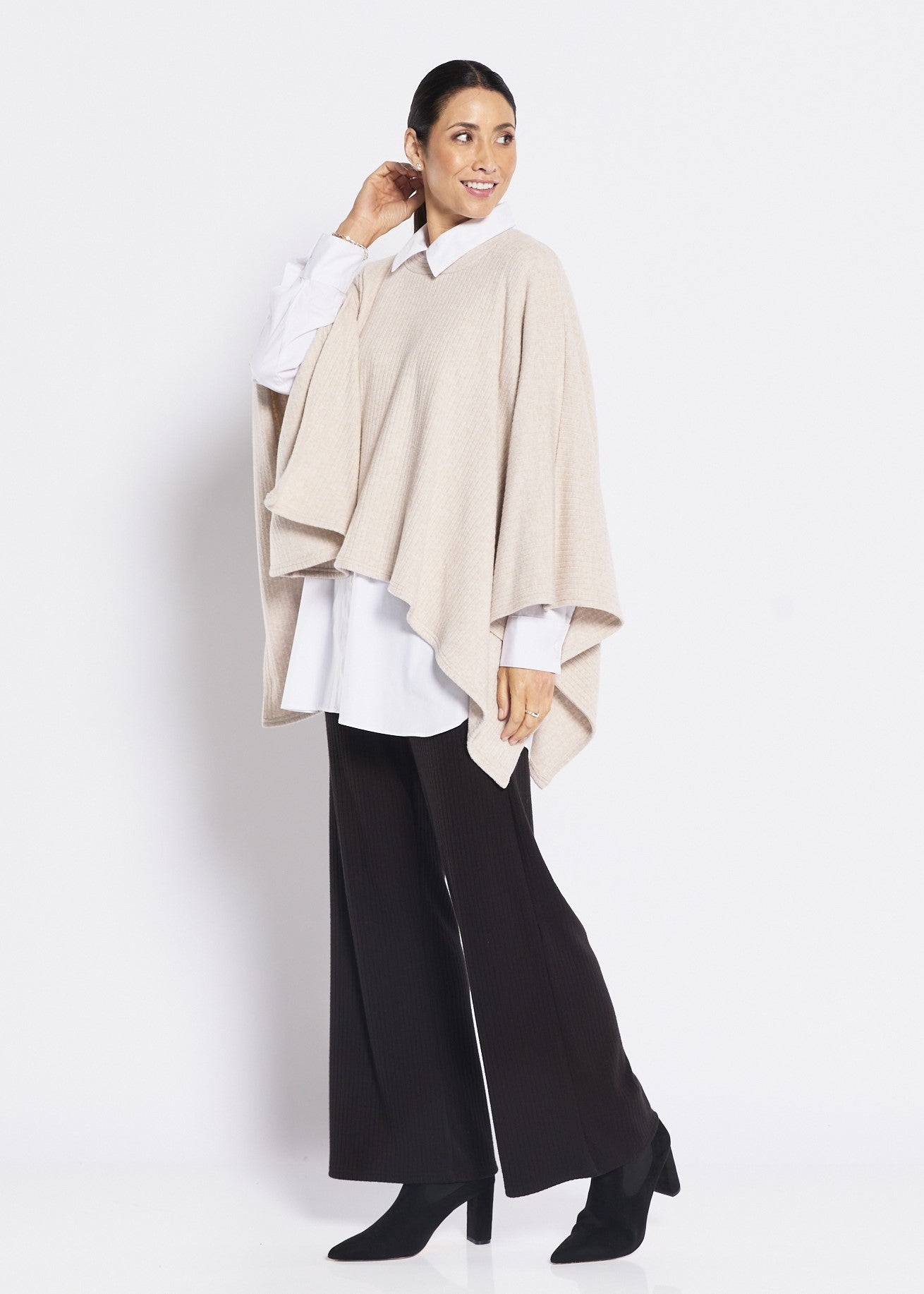Rib Knit Poncho in Neutral Oatmeal