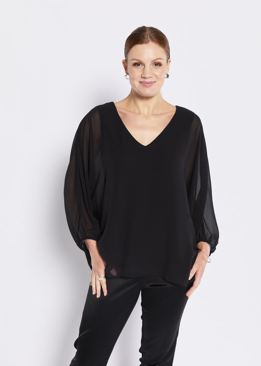 Bingley Vintage chiffon overlay slinky jersey blouse in black