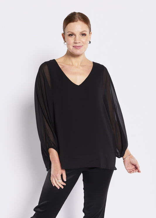 Bingley Vintage chiffon overlay slinky jersey blouse in black