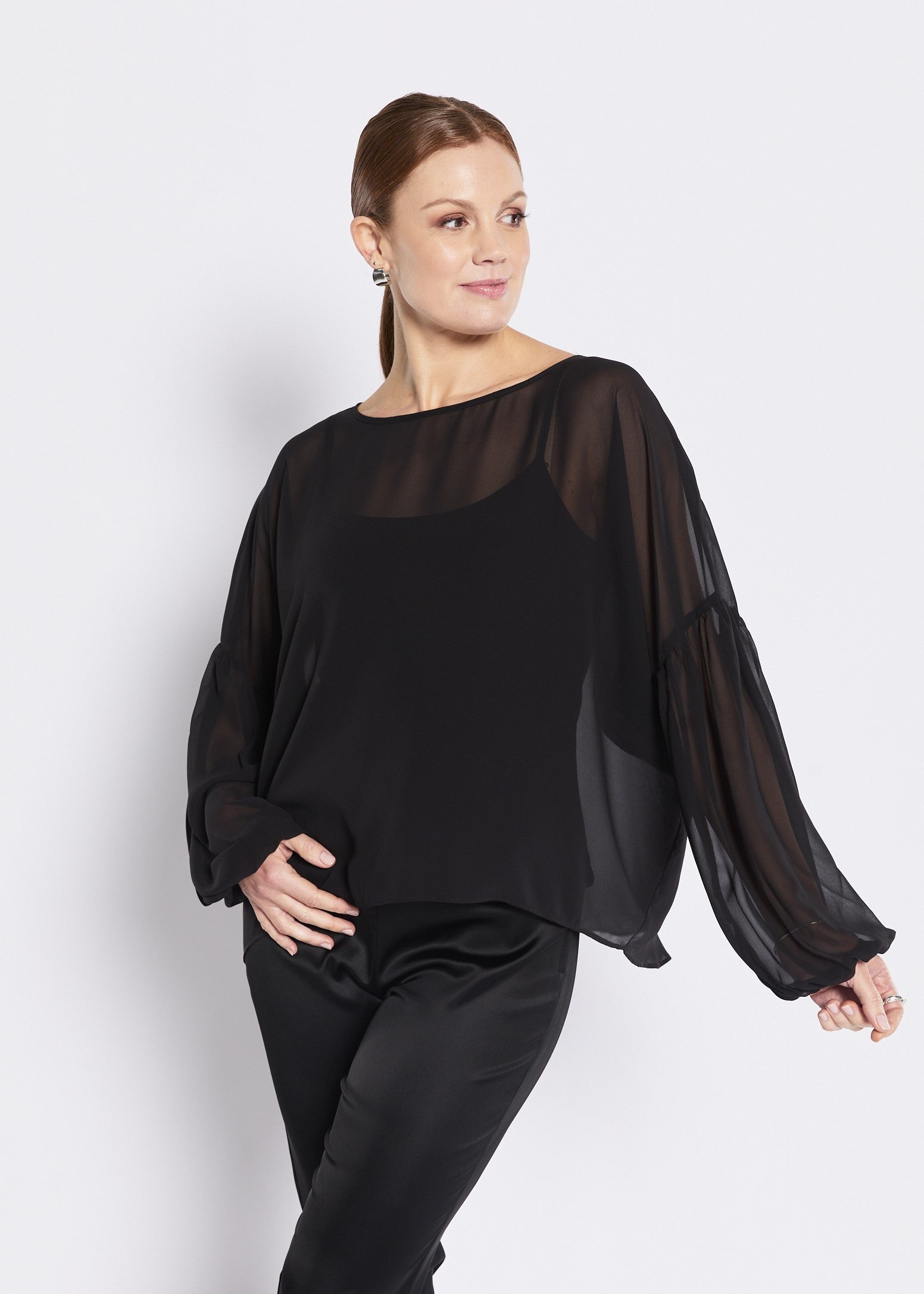 Black Chiffon Blouse with Jersey Camisole