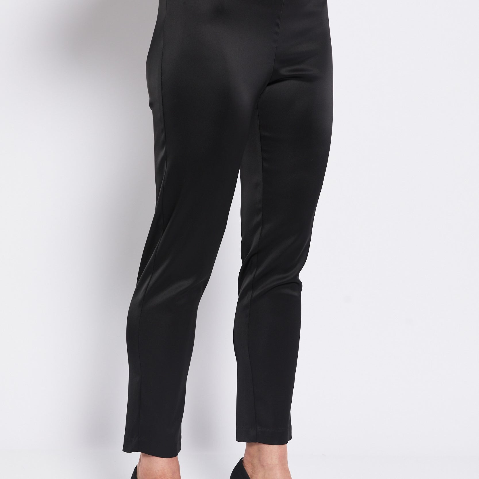 Satin Stretch Side Zip Straight Pant in Black