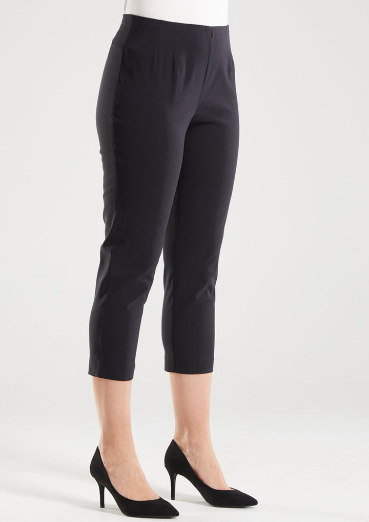 Adora is a Spring Summer 3/4 cropped black pant. Cut at calf length, with an easy comfortable pull on elastic waist and slim legs. Image is front angle view of model. Philosophy Australia bengaline 3/4 length pant.