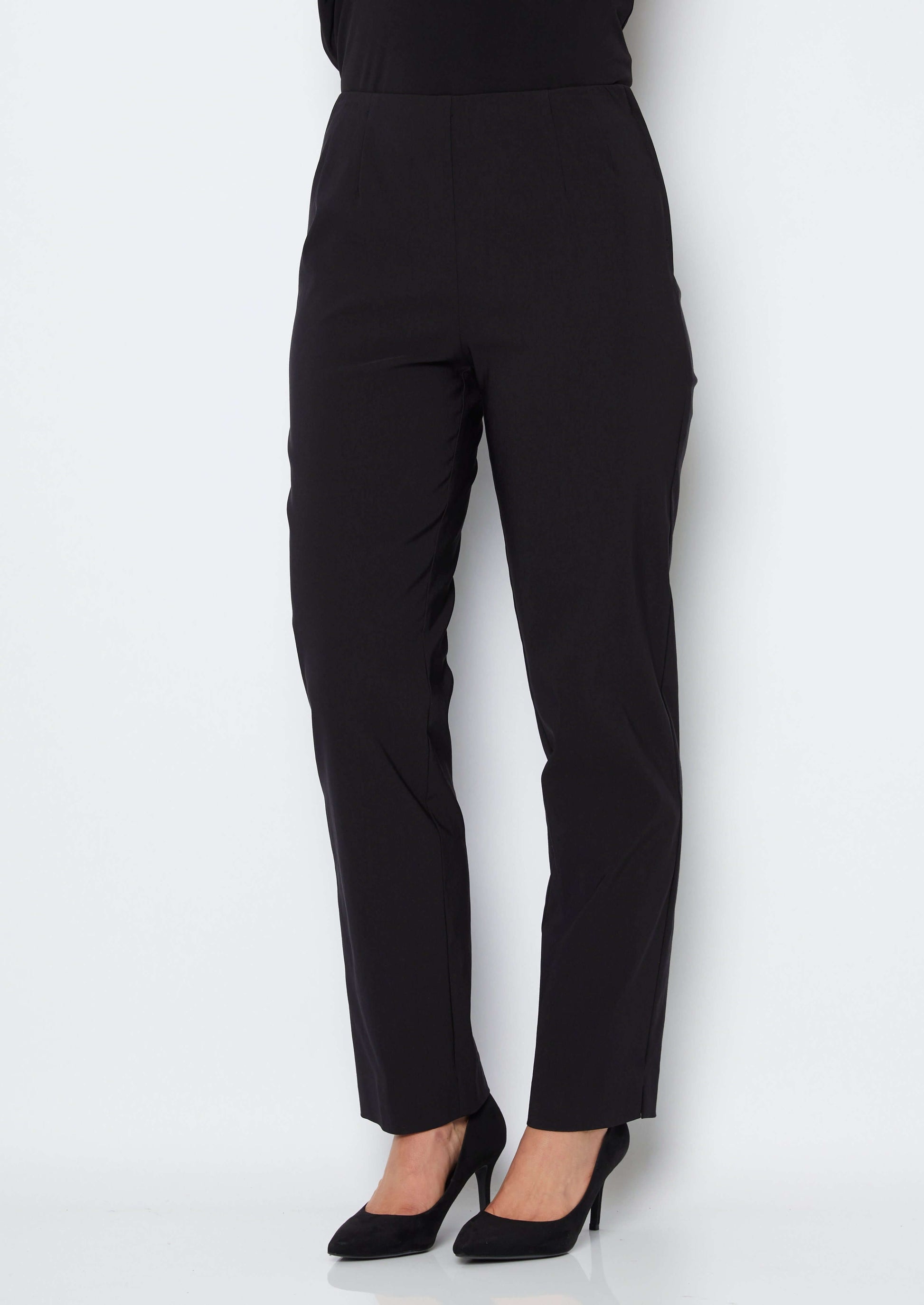 Gem Miracle Bengaline women's full-length straight-cut pants in black.