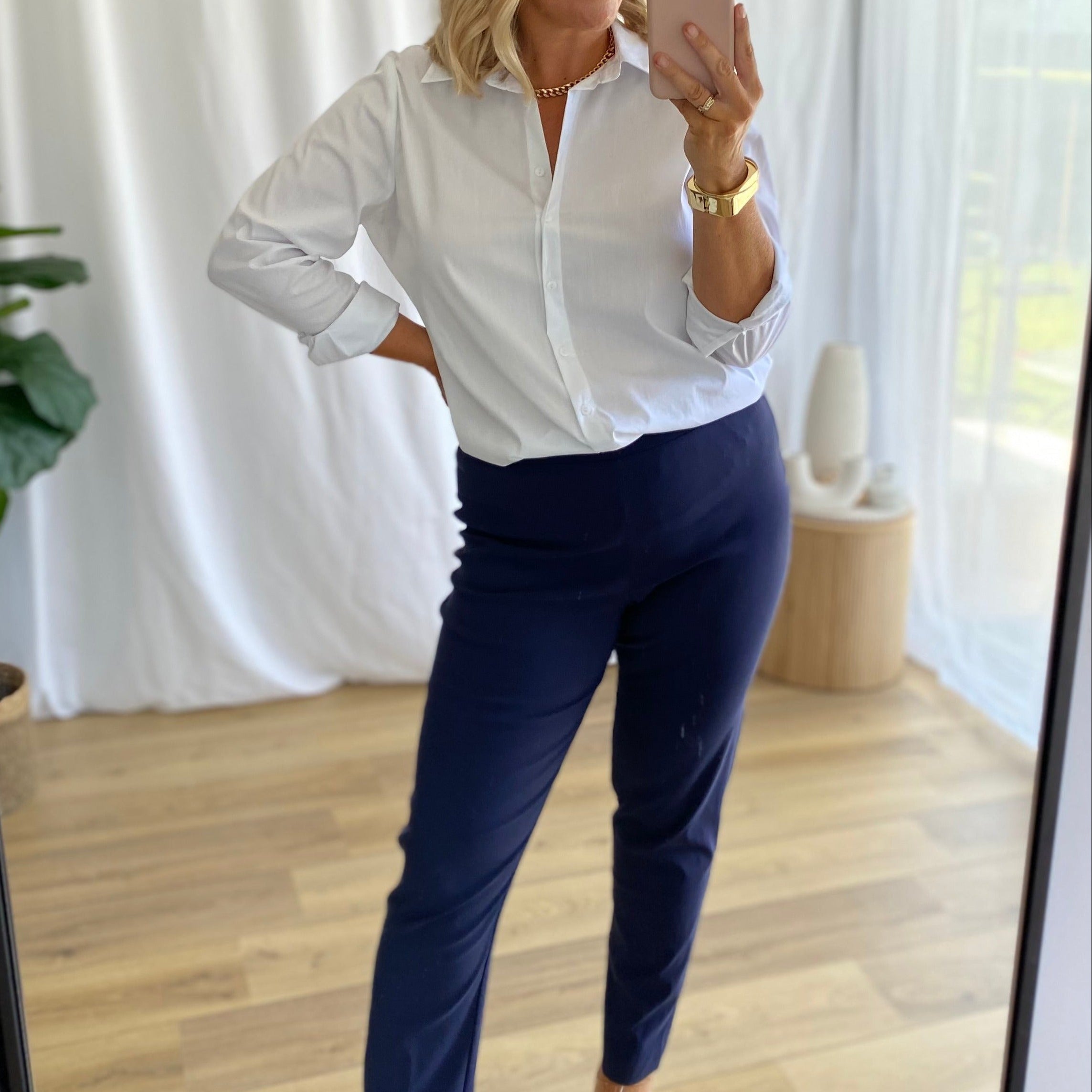 Narrow Miracle Bengaline Women's full-length slim-cut in french navy pants.