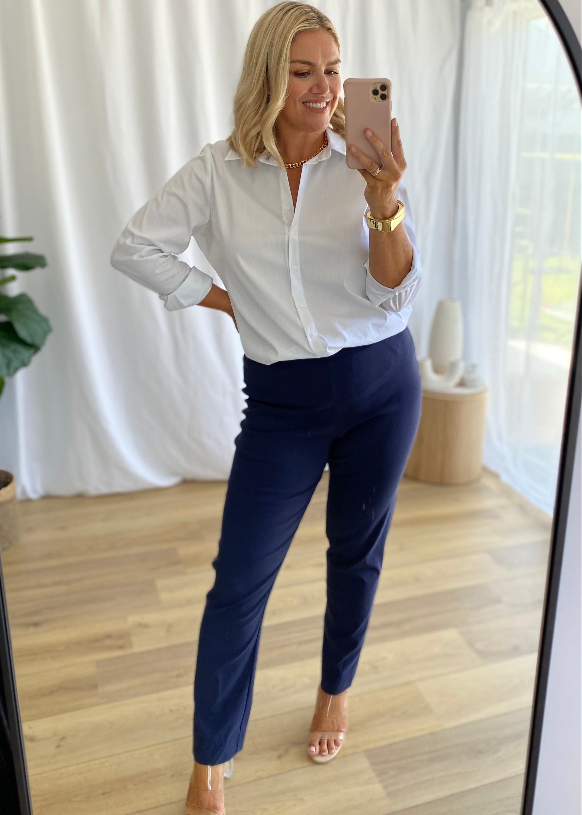 Narrow Miracle Bengaline Women's full-length slim-cut in french navy pants.