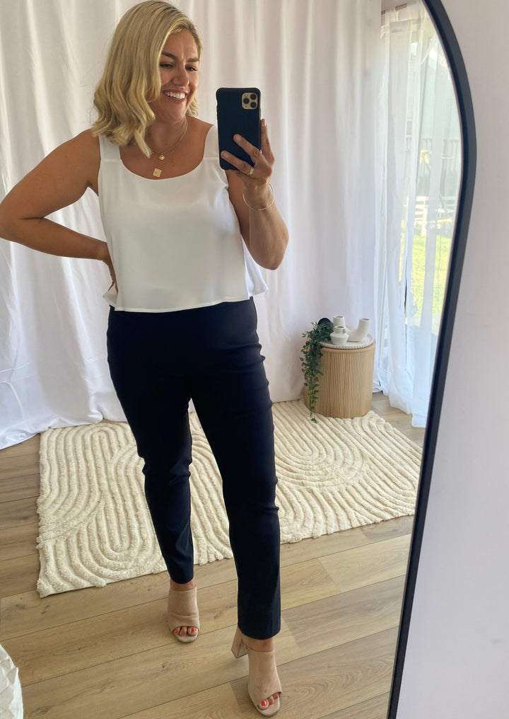 Narrow Miracle Bengaline Women's full-length slim-cut ink navy pants.