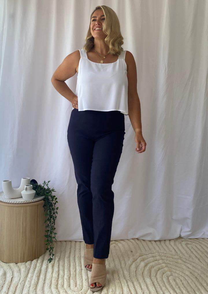 Narrow Miracle Bengaline Women's full-length slim-cut ink navy pants.